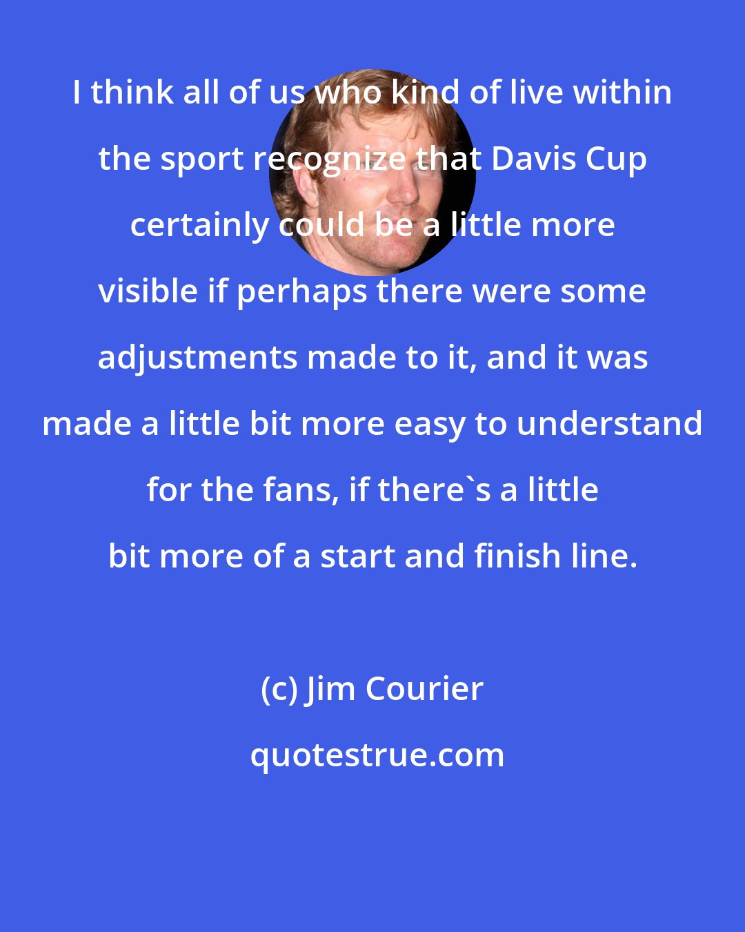 Jim Courier: I think all of us who kind of live within the sport recognize that Davis Cup certainly could be a little more visible if perhaps there were some adjustments made to it, and it was made a little bit more easy to understand for the fans, if there's a little bit more of a start and finish line.