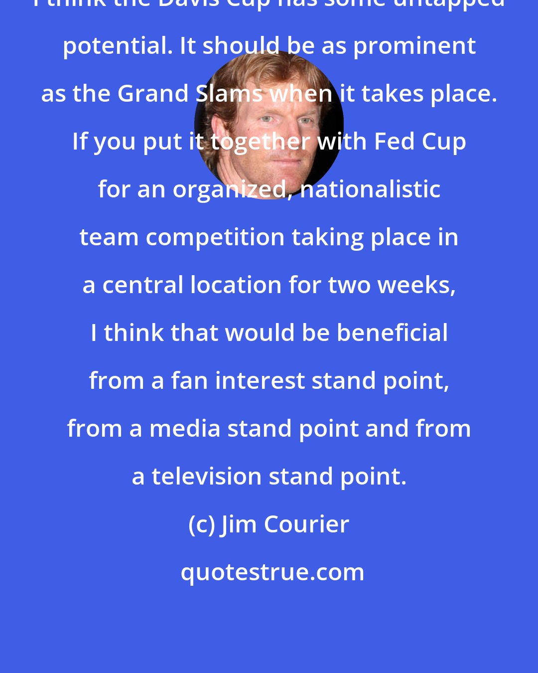 Jim Courier: I think the Davis Cup has some untapped potential. It should be as prominent as the Grand Slams when it takes place. If you put it together with Fed Cup for an organized, nationalistic team competition taking place in a central location for two weeks, I think that would be beneficial from a fan interest stand point, from a media stand point and from a television stand point.