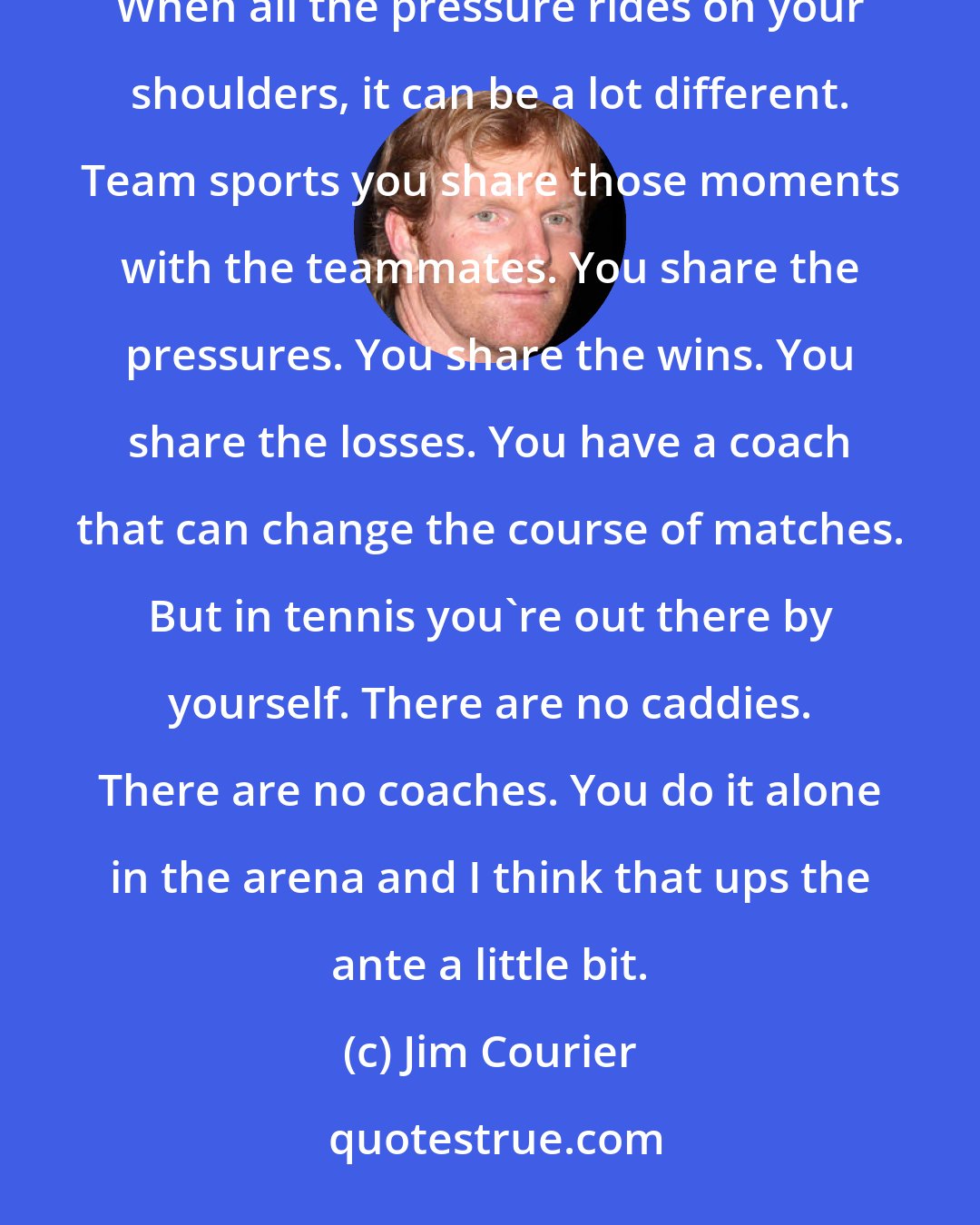 Jim Courier: There is a lot of pressure on tennis players like other sports that are singular like you're not on a team. When all the pressure rides on your shoulders, it can be a lot different. Team sports you share those moments with the teammates. You share the pressures. You share the wins. You share the losses. You have a coach that can change the course of matches. But in tennis you're out there by yourself. There are no caddies. There are no coaches. You do it alone in the arena and I think that ups the ante a little bit.