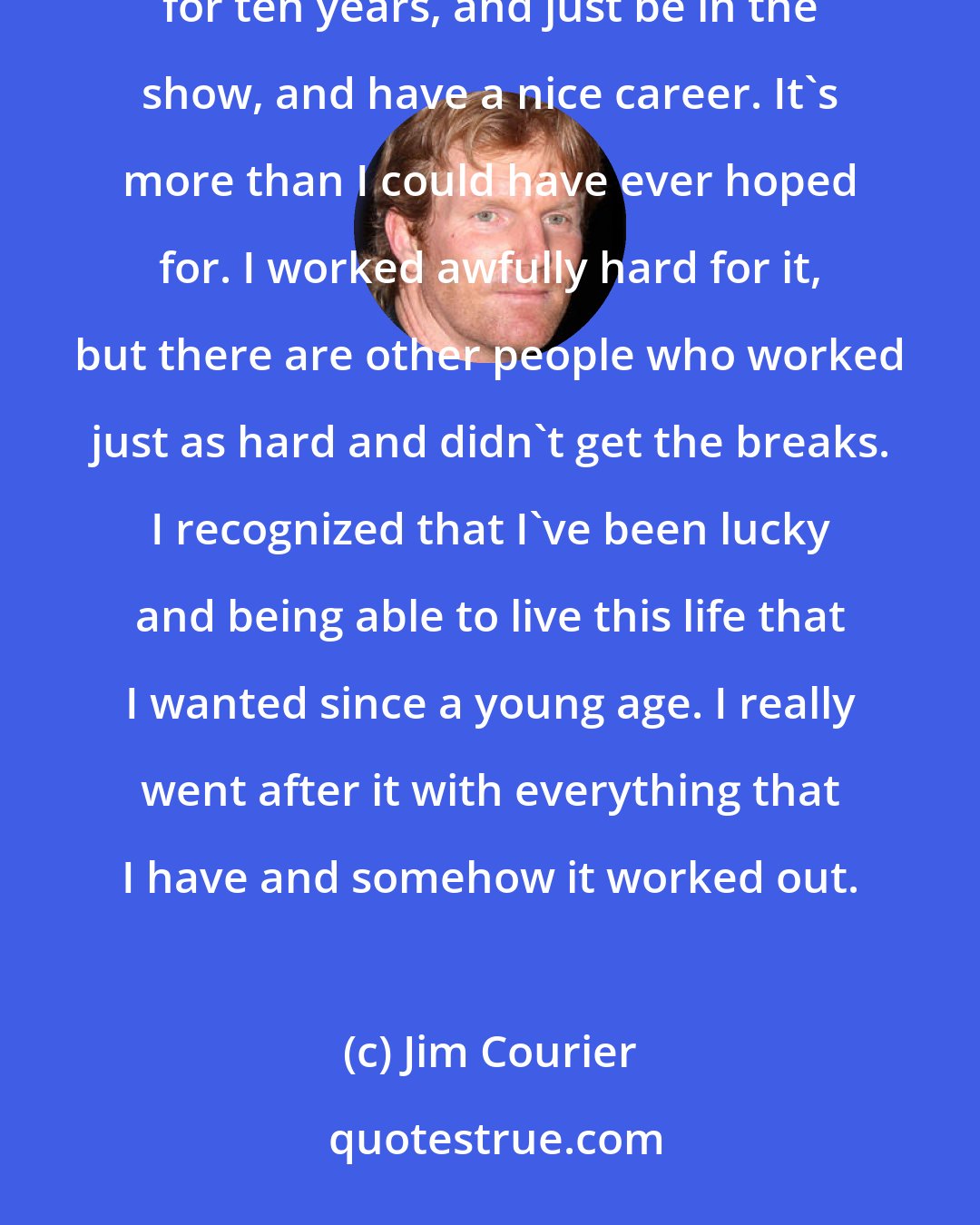 Jim Courier: When I turned professional, what I was really aiming for was to be in the top 100, try to hold the top 100 for ten years, and just be in the show, and have a nice career. It's more than I could have ever hoped for. I worked awfully hard for it, but there are other people who worked just as hard and didn't get the breaks. I recognized that I've been lucky and being able to live this life that I wanted since a young age. I really went after it with everything that I have and somehow it worked out.