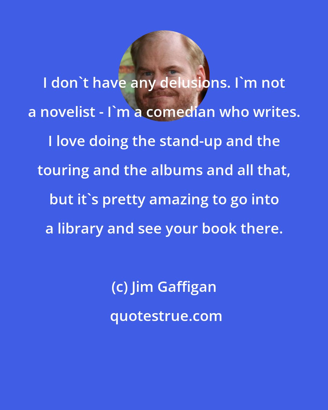 Jim Gaffigan: I don't have any delusions. I'm not a novelist - I'm a comedian who writes. I love doing the stand-up and the touring and the albums and all that, but it's pretty amazing to go into a library and see your book there.