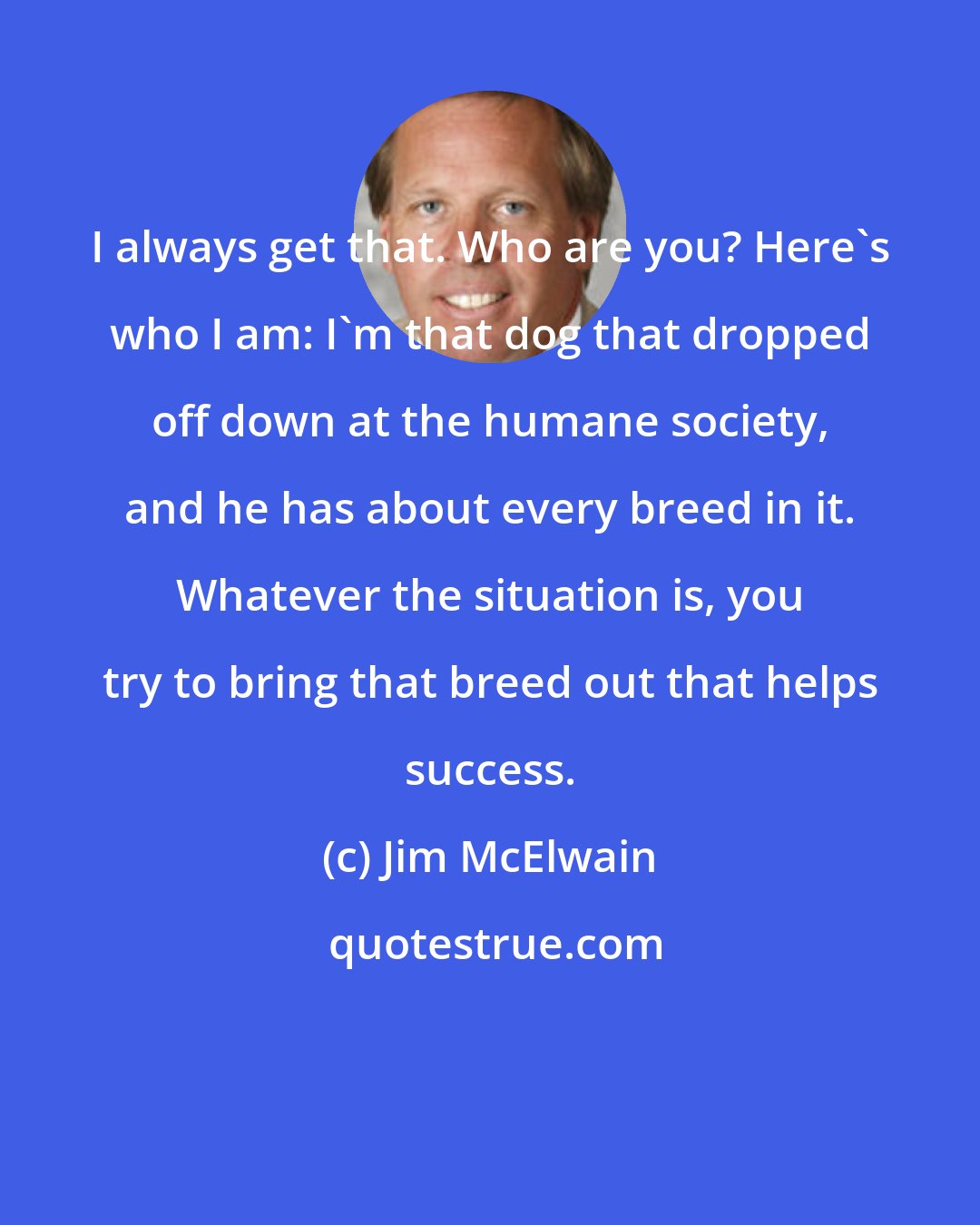 Jim McElwain: I always get that. Who are you? Here's who I am: I'm that dog that dropped off down at the humane society, and he has about every breed in it. Whatever the situation is, you try to bring that breed out that helps success.