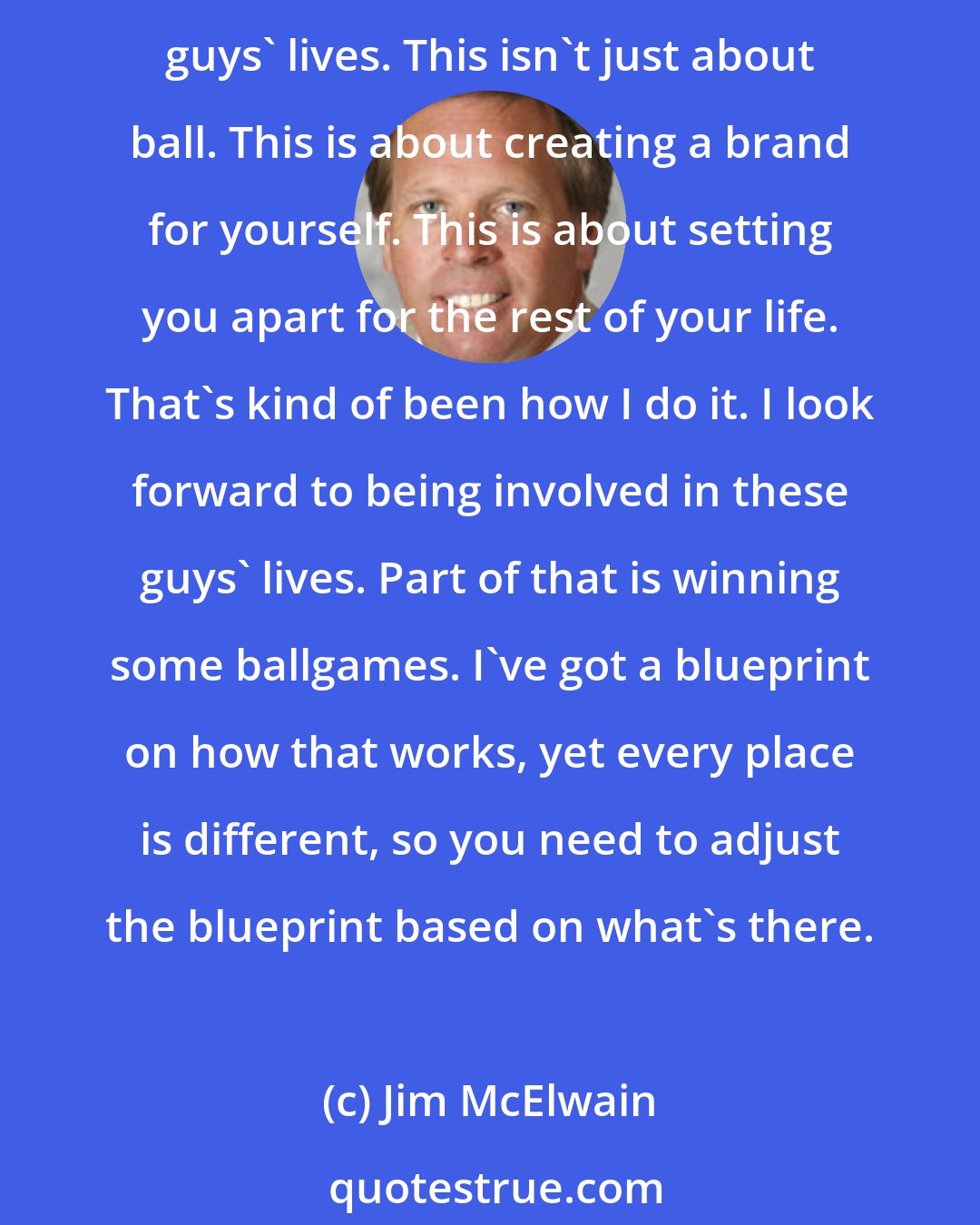 Jim McElwain: My deal is to understand: you trust me, I trust you. It's a two-way street. Developing that happens over time. It's hard. I look forward to that. I look forward to being a part of these guys' lives. This isn't just about ball. This is about creating a brand for yourself. This is about setting you apart for the rest of your life. That's kind of been how I do it. I look forward to being involved in these guys' lives. Part of that is winning some ballgames. I've got a blueprint on how that works, yet every place is different, so you need to adjust the blueprint based on what's there.