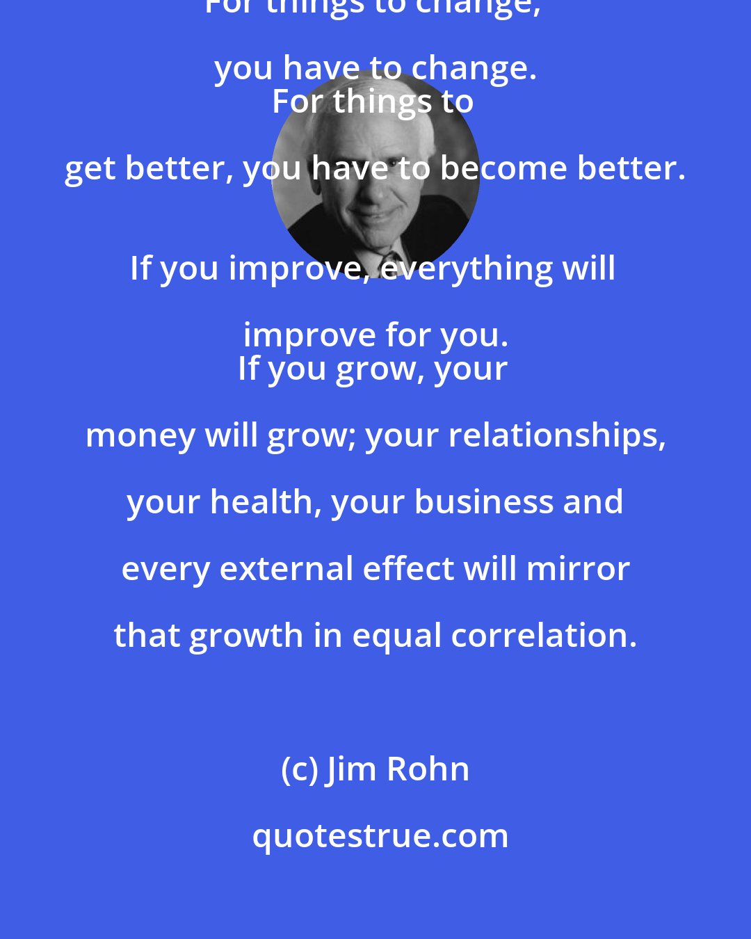 Jim Rohn: If you want to have more, you have to become more. 
For things to change, you have to change. 
For things to get better, you have to become better. 
If you improve, everything will improve for you. 
If you grow, your money will grow; your relationships, your health, your business and every external effect will mirror that growth in equal correlation.