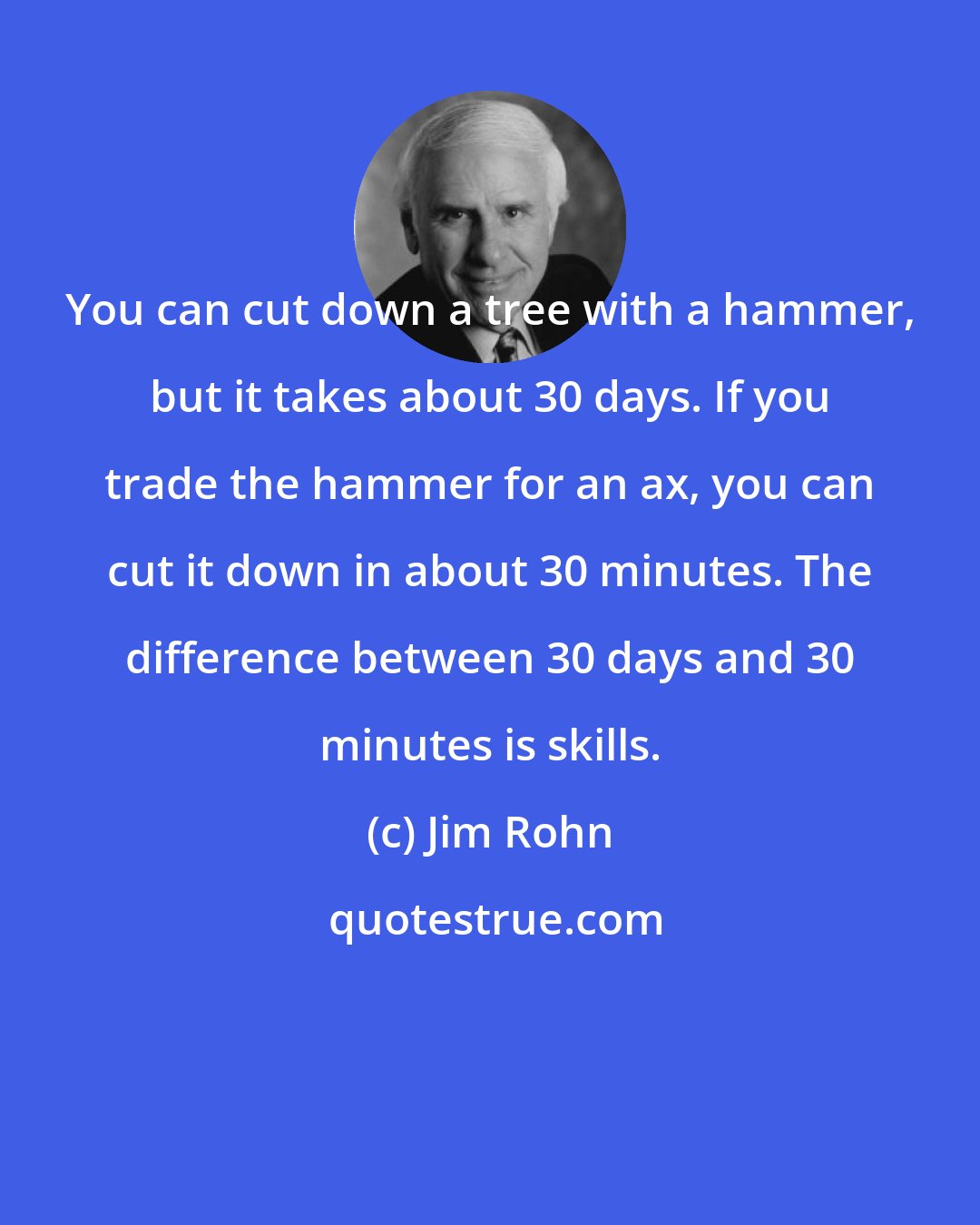 Jim Rohn: You can cut down a tree with a hammer, but it takes about 30 days. If you trade the hammer for an ax, you can cut it down in about 30 minutes. The difference between 30 days and 30 minutes is skills.