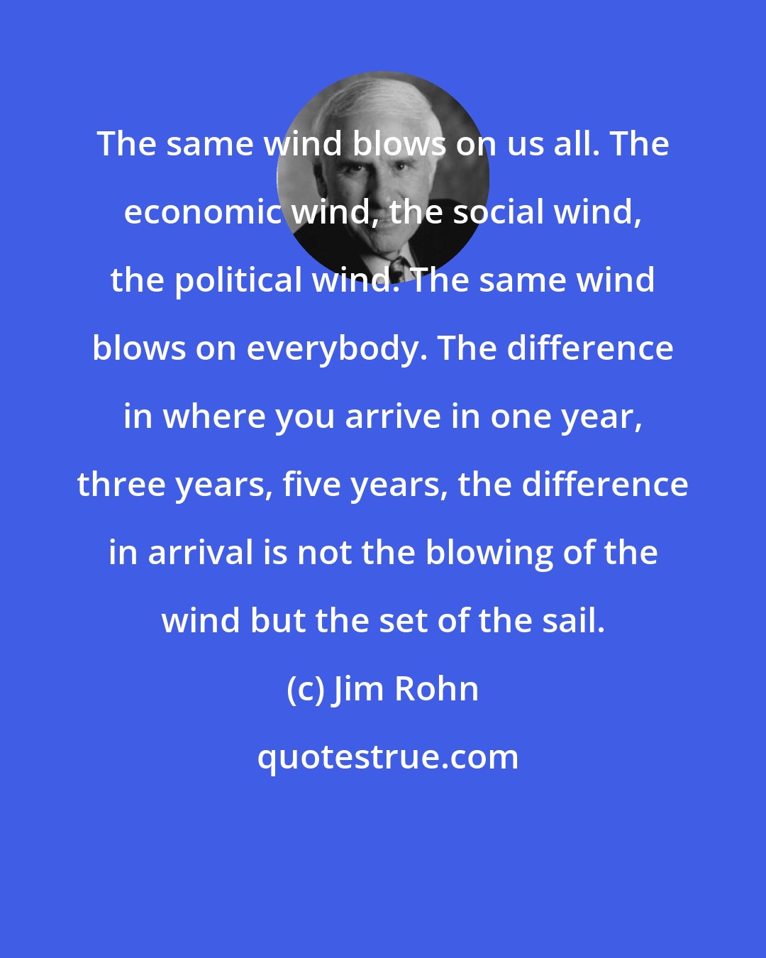 Jim Rohn: The same wind blows on us all. The economic wind, the social wind, the political wind. The same wind blows on everybody. The difference in where you arrive in one year, three years, five years, the difference in arrival is not the blowing of the wind but the set of the sail.