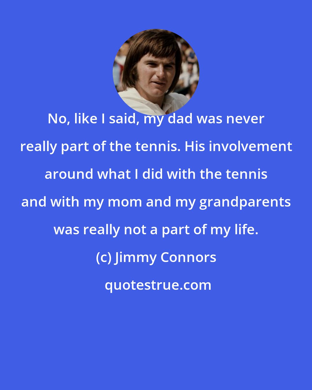 Jimmy Connors: No, like I said, my dad was never really part of the tennis. His involvement around what I did with the tennis and with my mom and my grandparents was really not a part of my life.