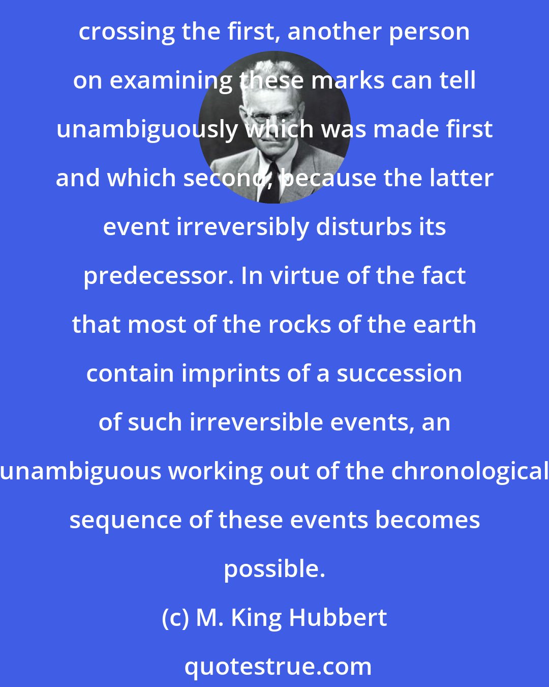 M. King Hubbert: Historical chronology, human or geological, depends... upon comparable impersonal principles. If one scribes with a stylus on a plate of wet clay two marks, the second crossing the first, another person on examining these marks can tell unambiguously which was made first and which second, because the latter event irreversibly disturbs its predecessor. In virtue of the fact that most of the rocks of the earth contain imprints of a succession of such irreversible events, an unambiguous working out of the chronological sequence of these events becomes possible.