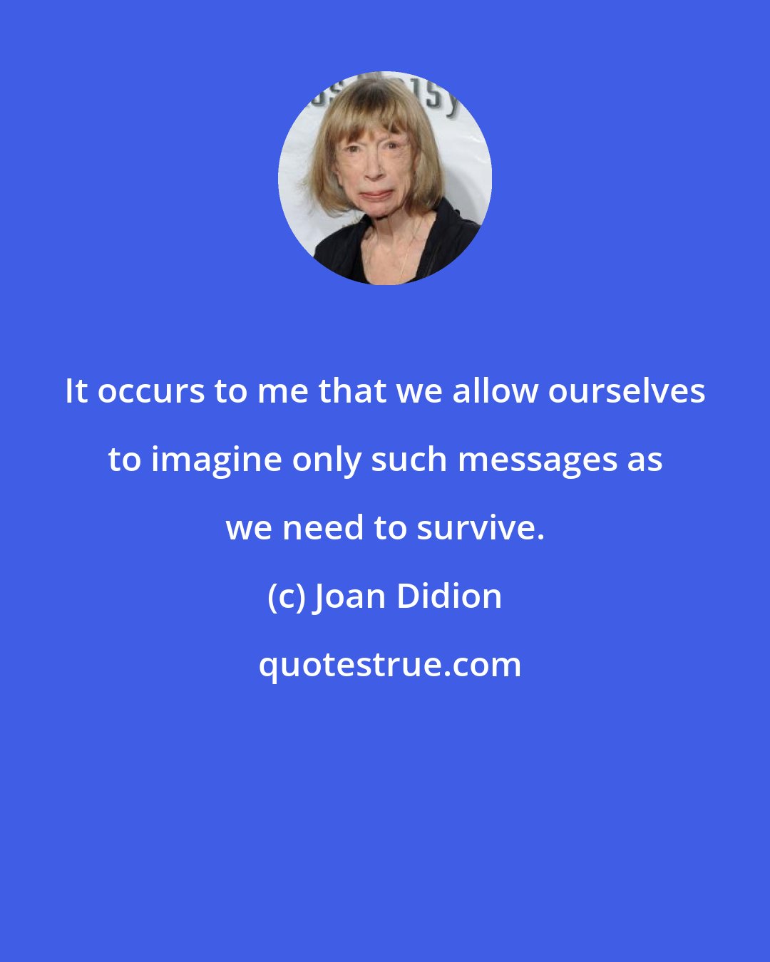 Joan Didion: It occurs to me that we allow ourselves to imagine only such messages as we need to survive.