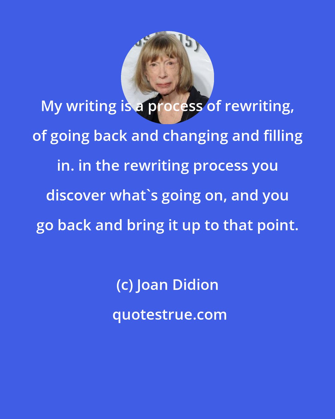 Joan Didion: My writing is a process of rewriting, of going back and changing and filling in. in the rewriting process you discover what's going on, and you go back and bring it up to that point.