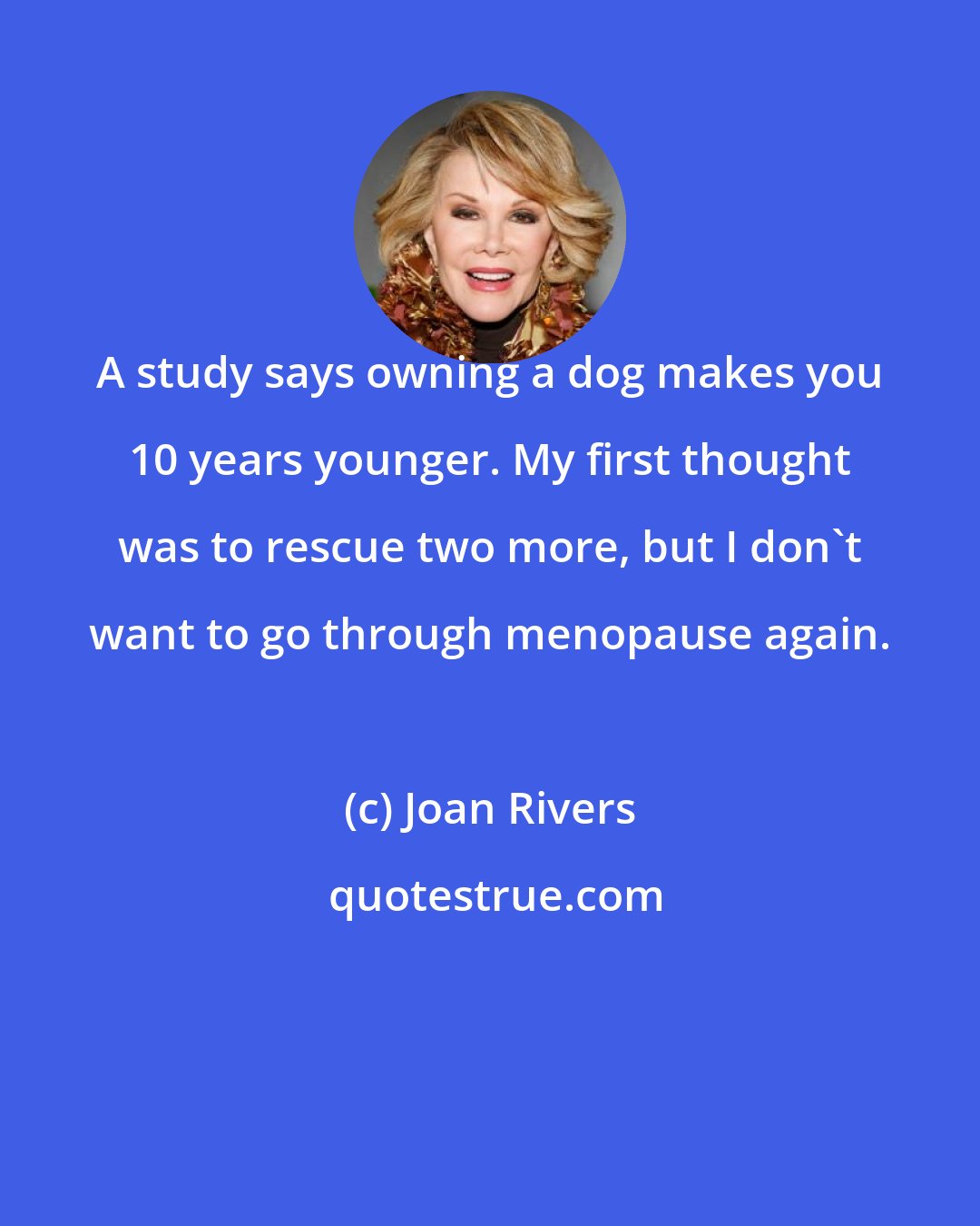 Joan Rivers: A study says owning a dog makes you 10 years younger. My first thought was to rescue two more, but I don't want to go through menopause again.