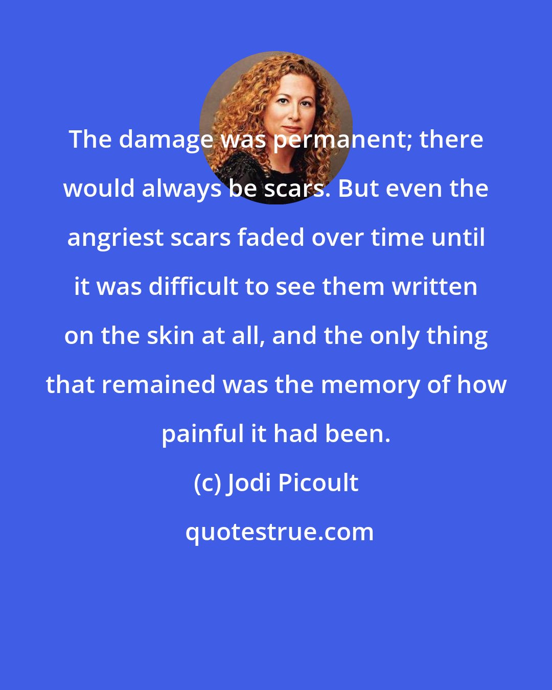 Jodi Picoult: The damage was permanent; there would always be scars. But even the angriest scars faded over time until it was difficult to see them written on the skin at all, and the only thing that remained was the memory of how painful it had been.