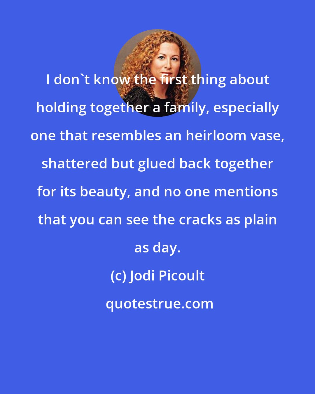 Jodi Picoult: I don't know the first thing about holding together a family, especially one that resembles an heirloom vase, shattered but glued back together for its beauty, and no one mentions that you can see the cracks as plain as day.