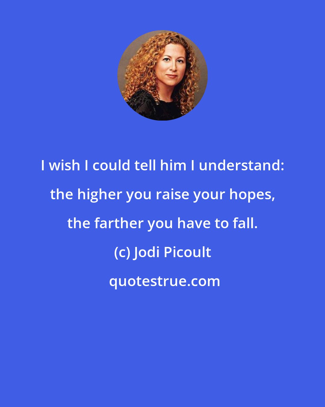 Jodi Picoult: I wish I could tell him I understand: the higher you raise your hopes, the farther you have to fall.