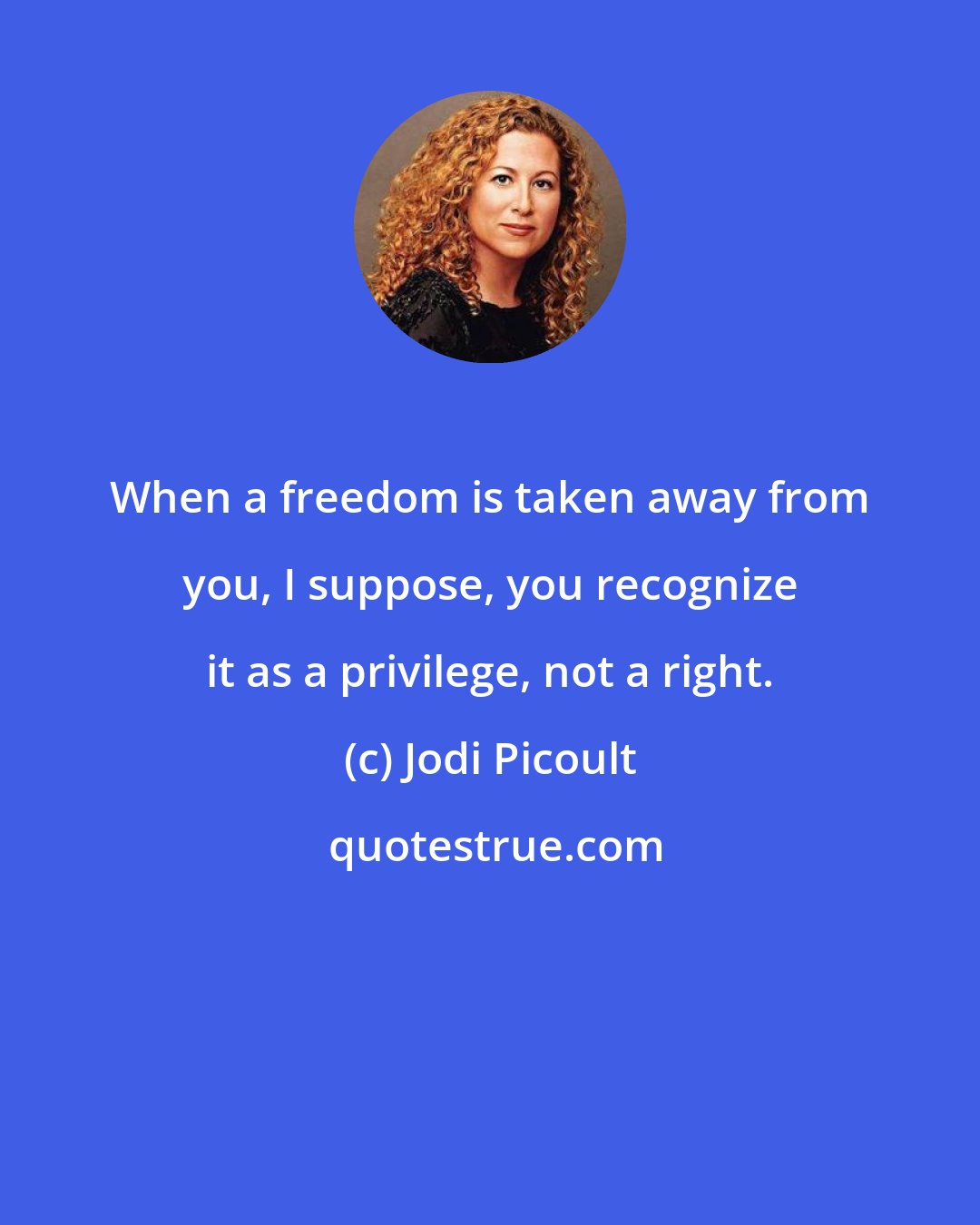 Jodi Picoult: When a freedom is taken away from you, I suppose, you recognize it as a privilege, not a right.