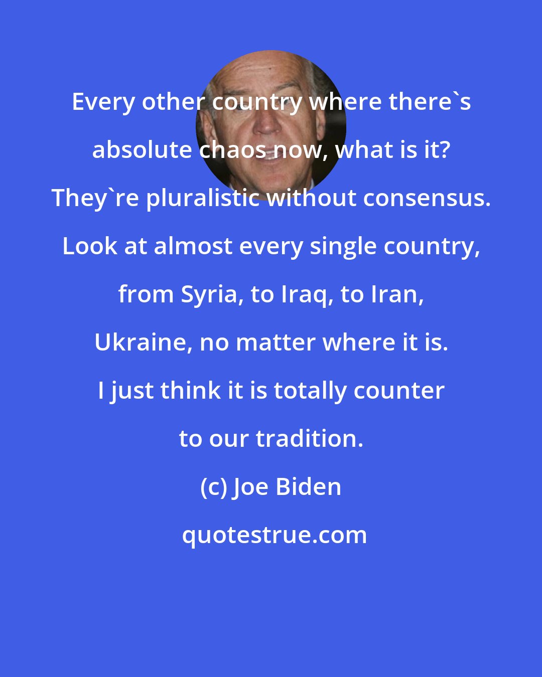 Joe Biden: Every other country where there's absolute chaos now, what is it? They're pluralistic without consensus. Look at almost every single country, from Syria, to Iraq, to Iran, Ukraine, no matter where it is. I just think it is totally counter to our tradition.