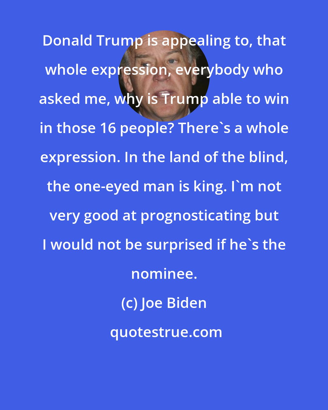 Joe Biden: Donald Trump is appealing to, that whole expression, everybody who asked me, why is Trump able to win in those 16 people? There's a whole expression. In the land of the blind, the one-eyed man is king. I'm not very good at prognosticating but I would not be surprised if he's the nominee.