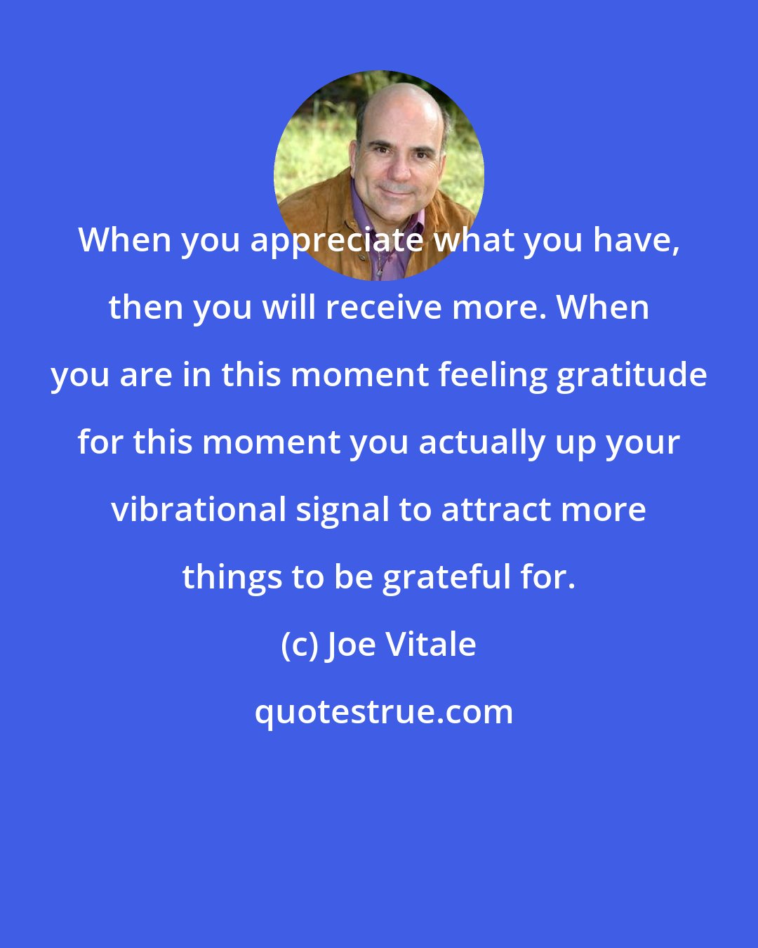 Joe Vitale: When you appreciate what you have, then you will receive more. When you are in this moment feeling gratitude for this moment you actually up your vibrational signal to attract more things to be grateful for.