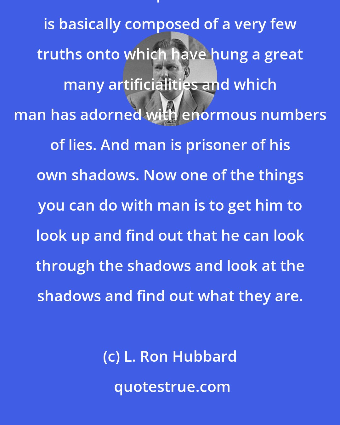 L. Ron Hubbard: How does life become totally painful By total retreat. Total noninspection becomes total pain.But existence is basically composed of a very few truths onto which have hung a great many artificialities and which man has adorned with enormous numbers of lies. And man is prisoner of his own shadows. Now one of the things you can do with man is to get him to look up and find out that he can look through the shadows and look at the shadows and find out what they are.