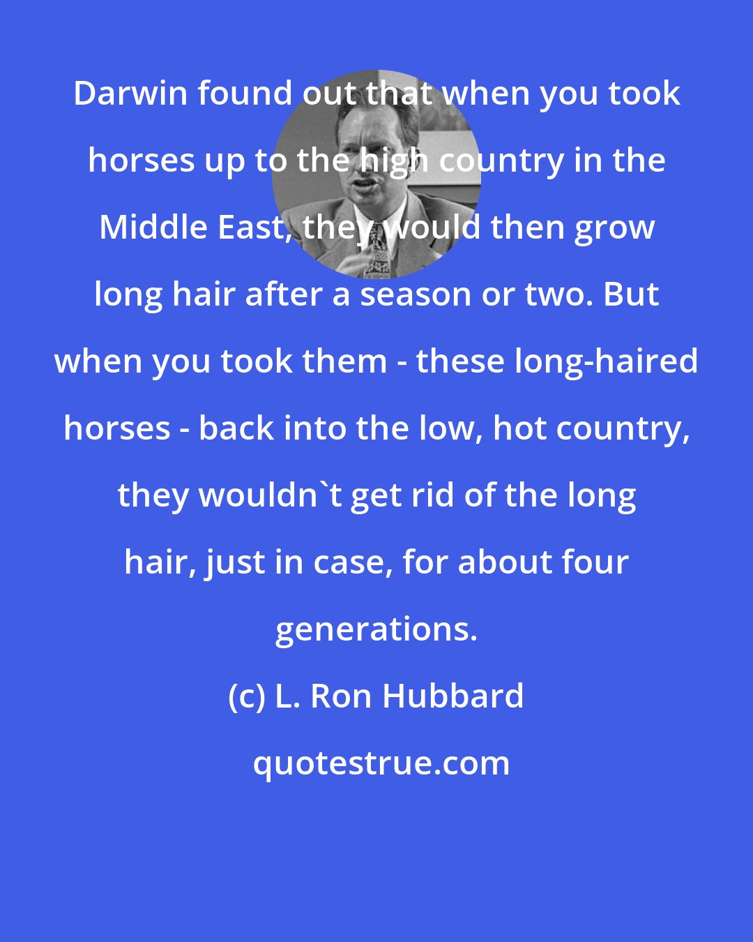 L. Ron Hubbard: Darwin found out that when you took horses up to the high country in the Middle East, they would then grow long hair after a season or two. But when you took them - these long-haired horses - back into the low, hot country, they wouldn't get rid of the long hair, just in case, for about four generations.