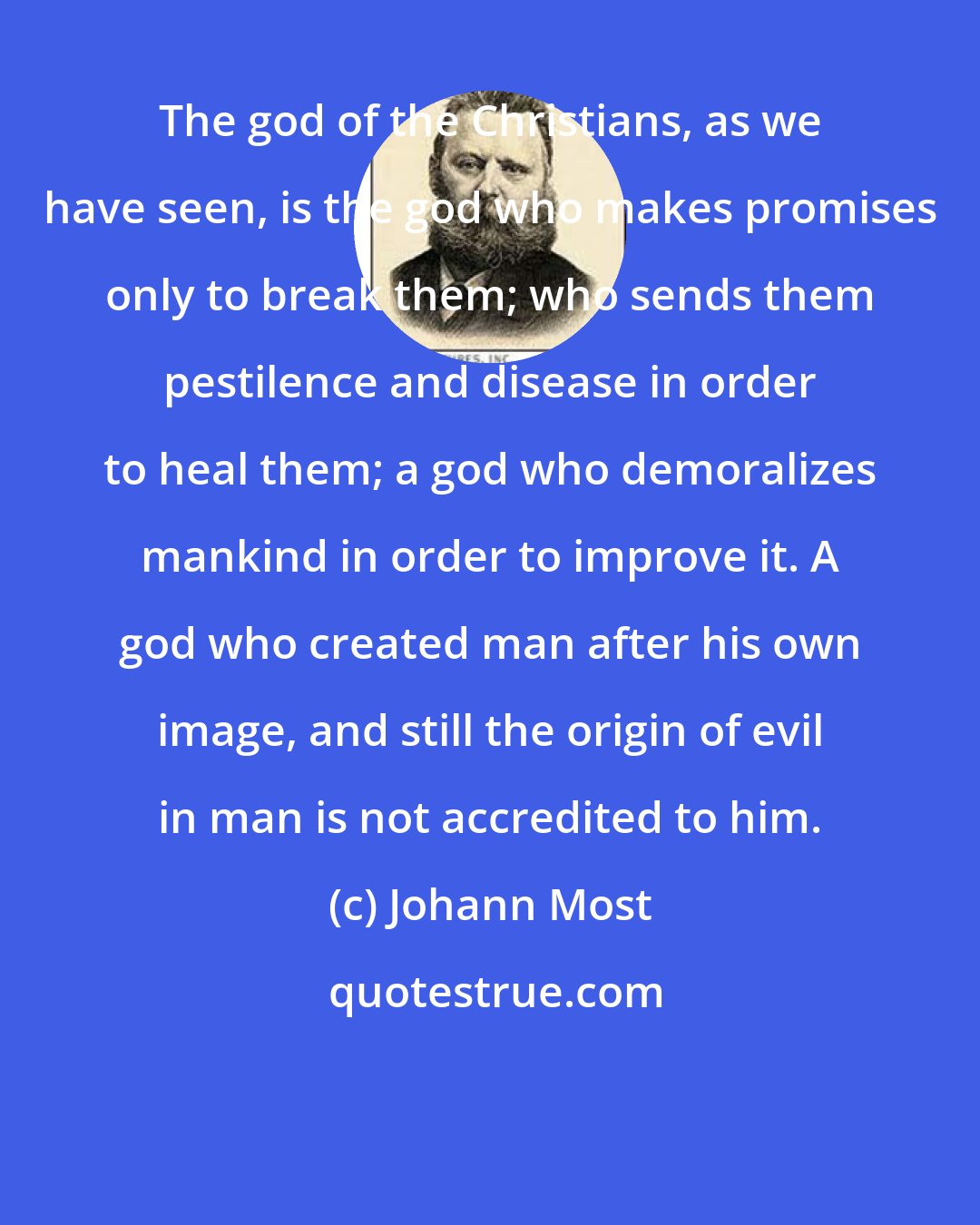 Johann Most: The god of the Christians, as we have seen, is the god who makes promises only to break them; who sends them pestilence and disease in order to heal them; a god who demoralizes mankind in order to improve it. A god who created man after his own image, and still the origin of evil in man is not accredited to him.