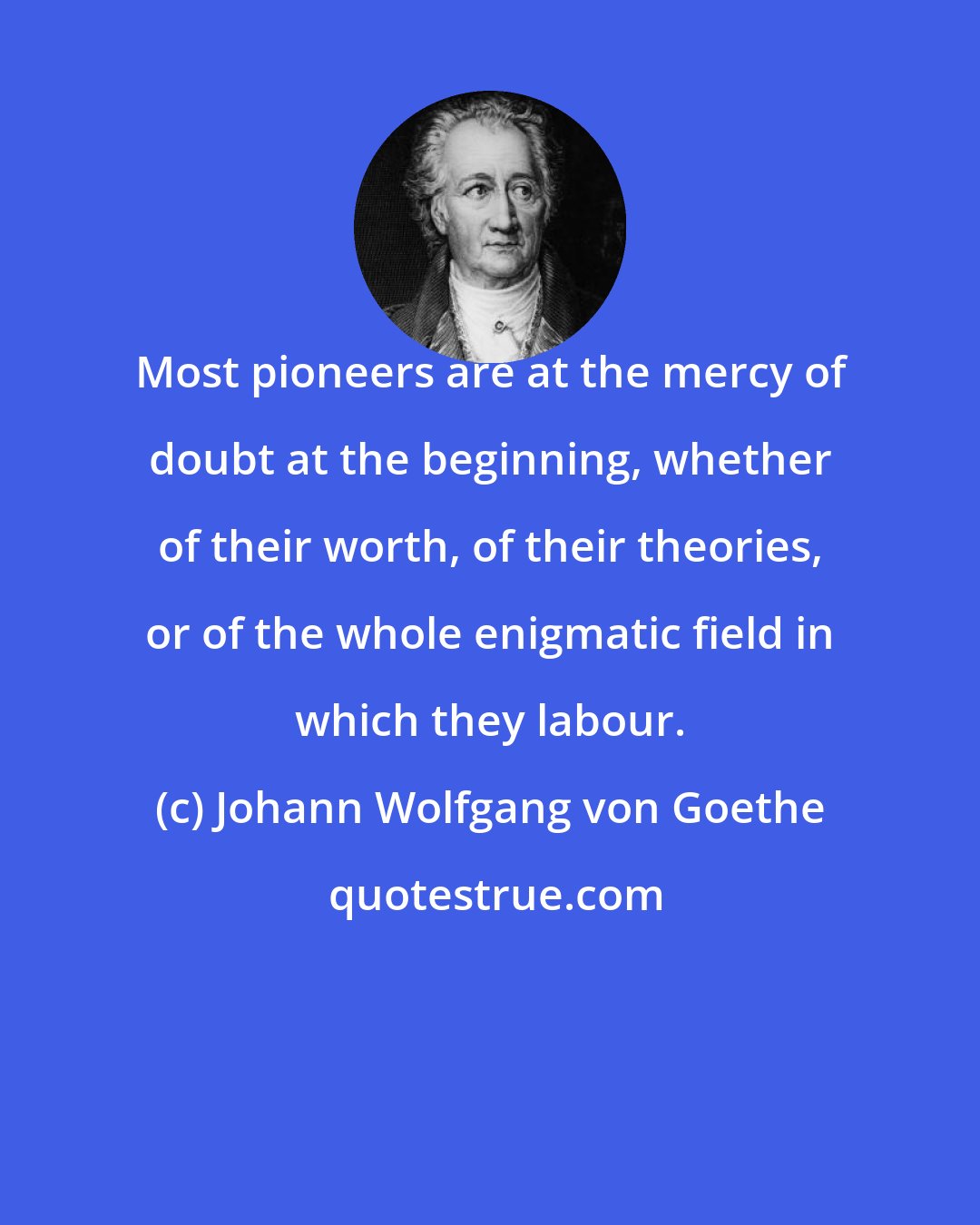 Johann Wolfgang von Goethe: Most pioneers are at the mercy of doubt at the beginning, whether of their worth, of their theories, or of the whole enigmatic field in which they labour.