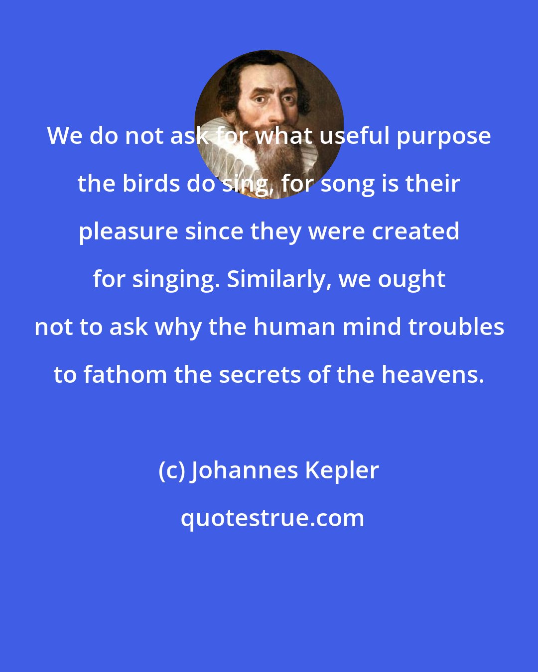 Johannes Kepler: We do not ask for what useful purpose the birds do sing, for song is their pleasure since they were created for singing. Similarly, we ought not to ask why the human mind troubles to fathom the secrets of the heavens.