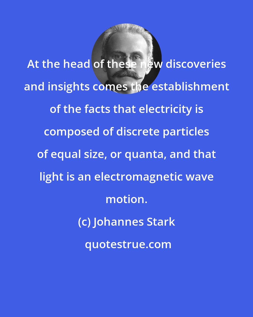 Johannes Stark: At the head of these new discoveries and insights comes the establishment of the facts that electricity is composed of discrete particles of equal size, or quanta, and that light is an electromagnetic wave motion.