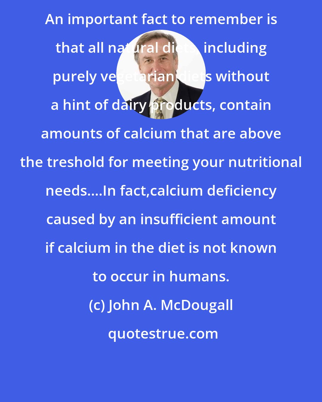 John A. McDougall: An important fact to remember is that all natural diets, including purely vegetarian diets without a hint of dairy products, contain amounts of calcium that are above the treshold for meeting your nutritional needs....In fact,calcium deficiency caused by an insufficient amount if calcium in the diet is not known to occur in humans.