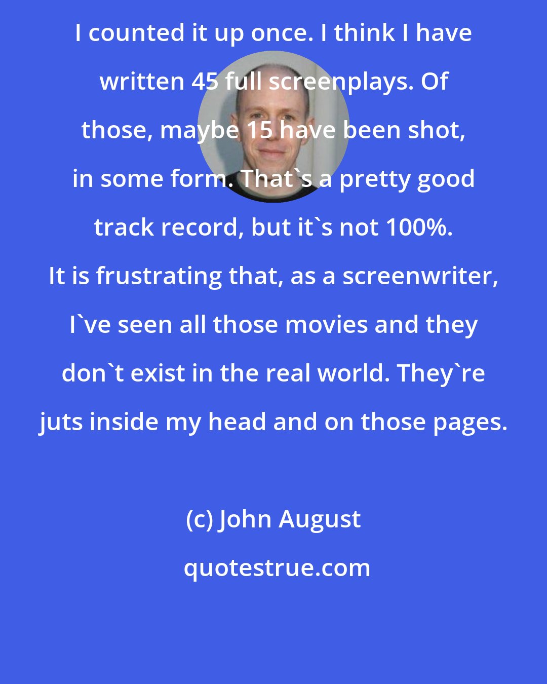 John August: I counted it up once. I think I have written 45 full screenplays. Of those, maybe 15 have been shot, in some form. That's a pretty good track record, but it's not 100%. It is frustrating that, as a screenwriter, I've seen all those movies and they don't exist in the real world. They're juts inside my head and on those pages.