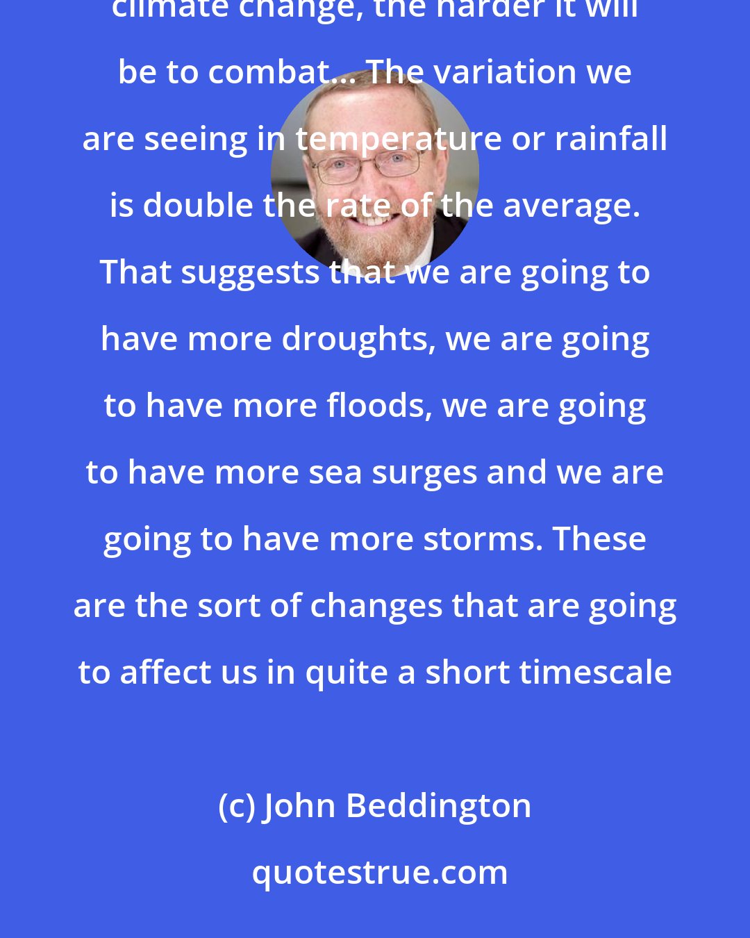 John Beddington: The evidence that climate change is happening is completely unequivocal... The later governments leave tackling climate change, the harder it will be to combat... The variation we are seeing in temperature or rainfall is double the rate of the average. That suggests that we are going to have more droughts, we are going to have more floods, we are going to have more sea surges and we are going to have more storms. These are the sort of changes that are going to affect us in quite a short timescale