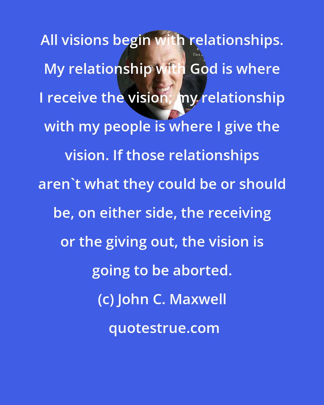 John C. Maxwell: All visions begin with relationships. My relationship with God is where I receive the vision; my relationship with my people is where I give the vision. If those relationships aren't what they could be or should be, on either side, the receiving or the giving out, the vision is going to be aborted.