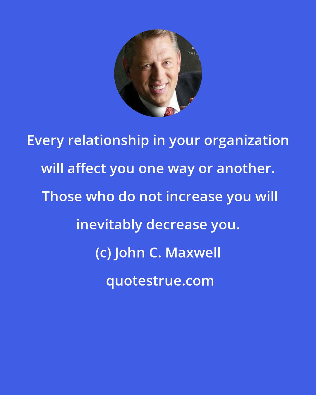 John C. Maxwell: Every relationship in your organization will affect you one way or another.  Those who do not increase you will inevitably decrease you.