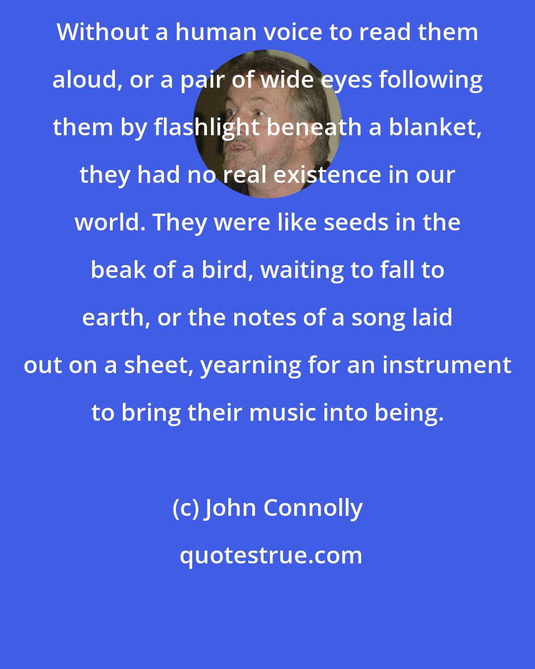 John Connolly: Without a human voice to read them aloud, or a pair of wide eyes following them by flashlight beneath a blanket, they had no real existence in our world. They were like seeds in the beak of a bird, waiting to fall to earth, or the notes of a song laid out on a sheet, yearning for an instrument to bring their music into being.