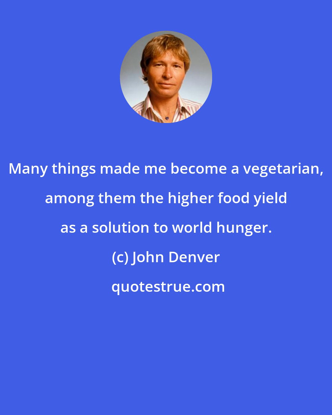 John Denver: Many things made me become a vegetarian, among them the higher food yield as a solution to world hunger.