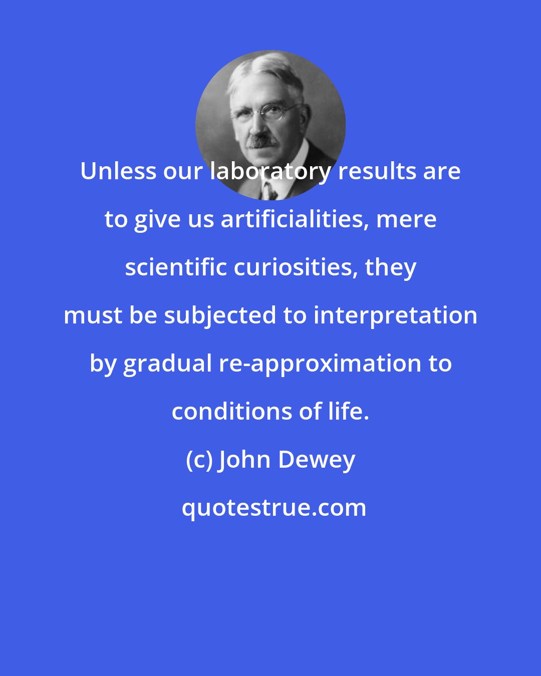 John Dewey: Unless our laboratory results are to give us artificialities, mere scientific curiosities, they must be subjected to interpretation by gradual re-approximation to conditions of life.