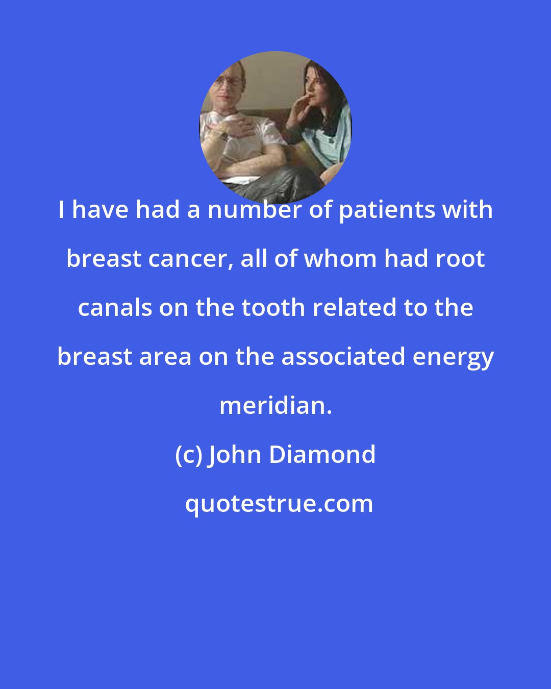 John Diamond: I have had a number of patients with breast cancer, all of whom had root canals on the tooth related to the breast area on the associated energy meridian.