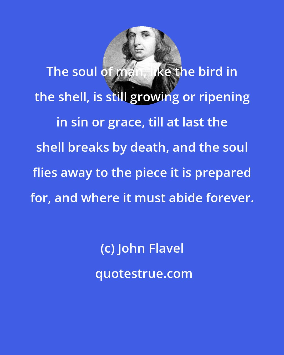 John Flavel: The soul of man, like the bird in the shell, is still growing or ripening in sin or grace, till at last the shell breaks by death, and the soul flies away to the piece it is prepared for, and where it must abide forever.