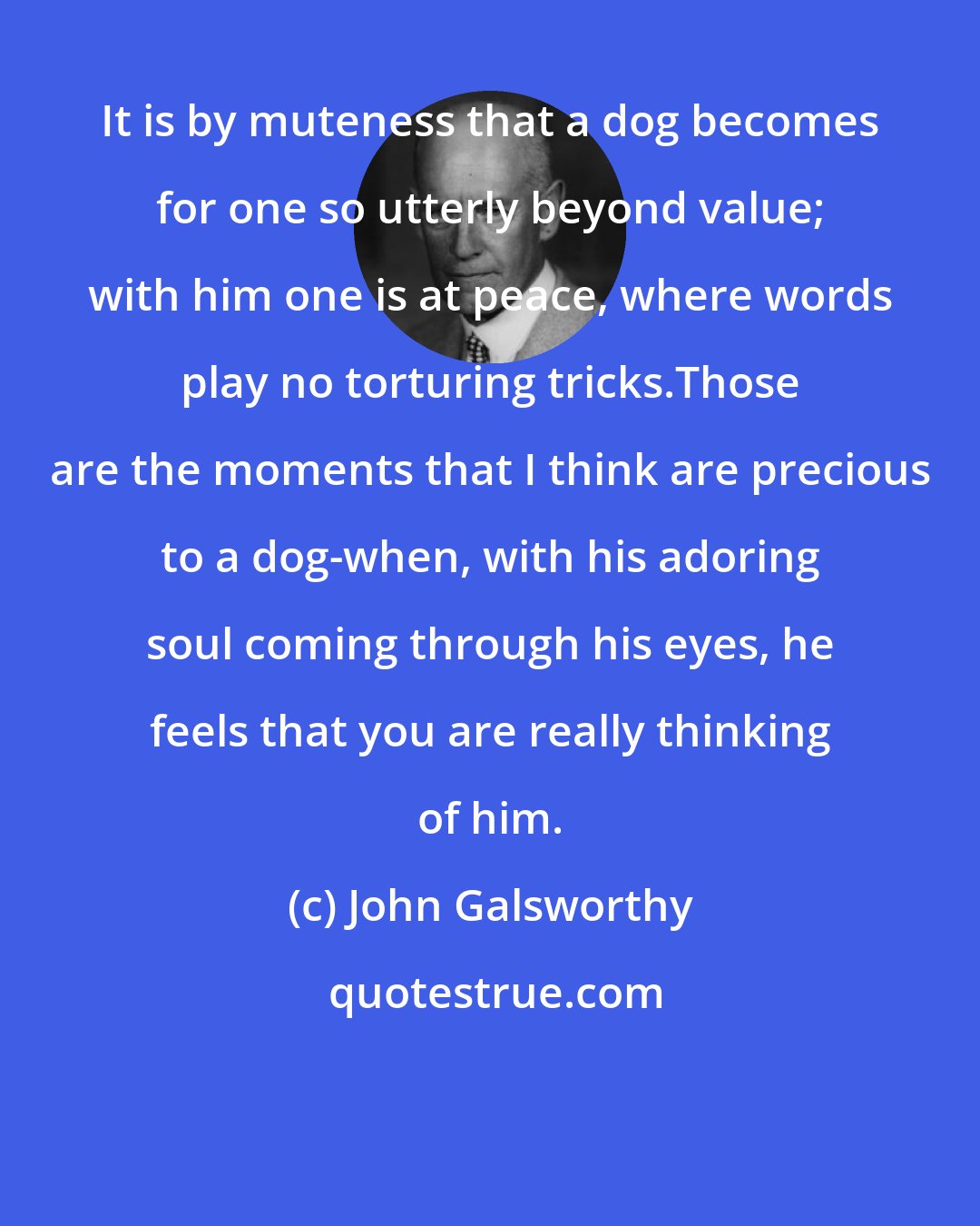 John Galsworthy: It is by muteness that a dog becomes for one so utterly beyond value; with him one is at peace, where words play no torturing tricks.Those are the moments that I think are precious to a dog-when, with his adoring soul coming through his eyes, he feels that you are really thinking of him.