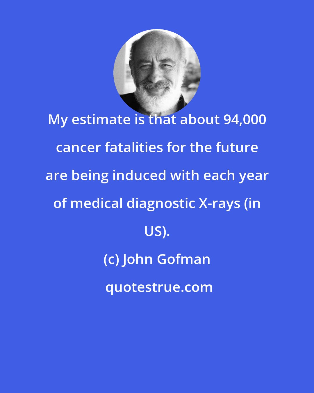 John Gofman: My estimate is that about 94,000 cancer fatalities for the future are being induced with each year of medical diagnostic X-rays (in US).