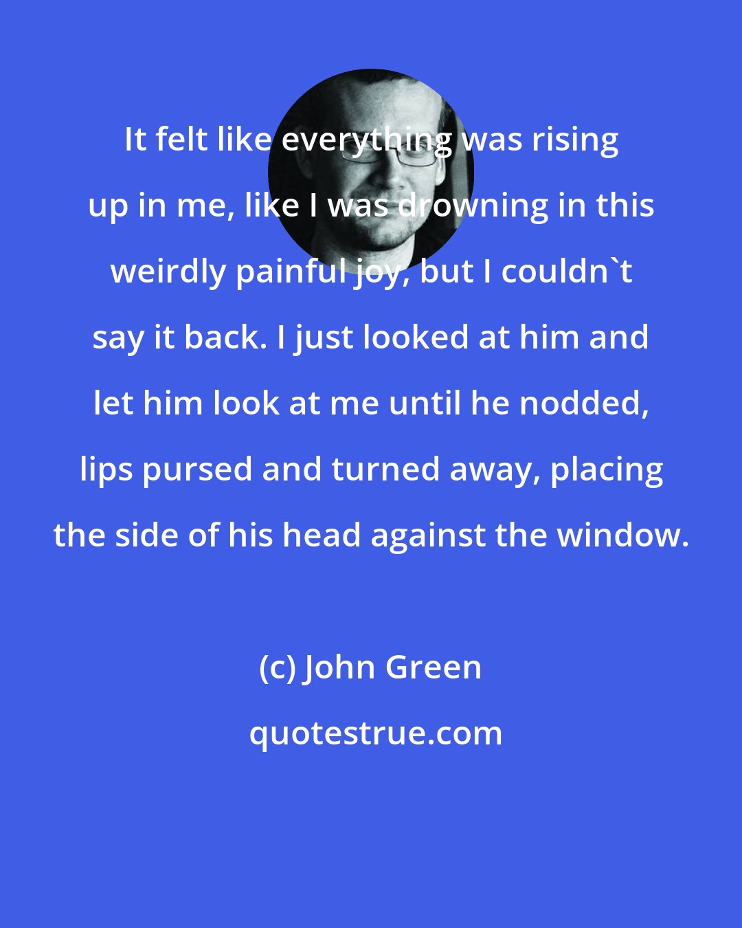 John Green: It felt like everything was rising up in me, like I was drowning in this weirdly painful joy, but I couldn't say it back. I just looked at him and let him look at me until he nodded, lips pursed and turned away, placing the side of his head against the window.