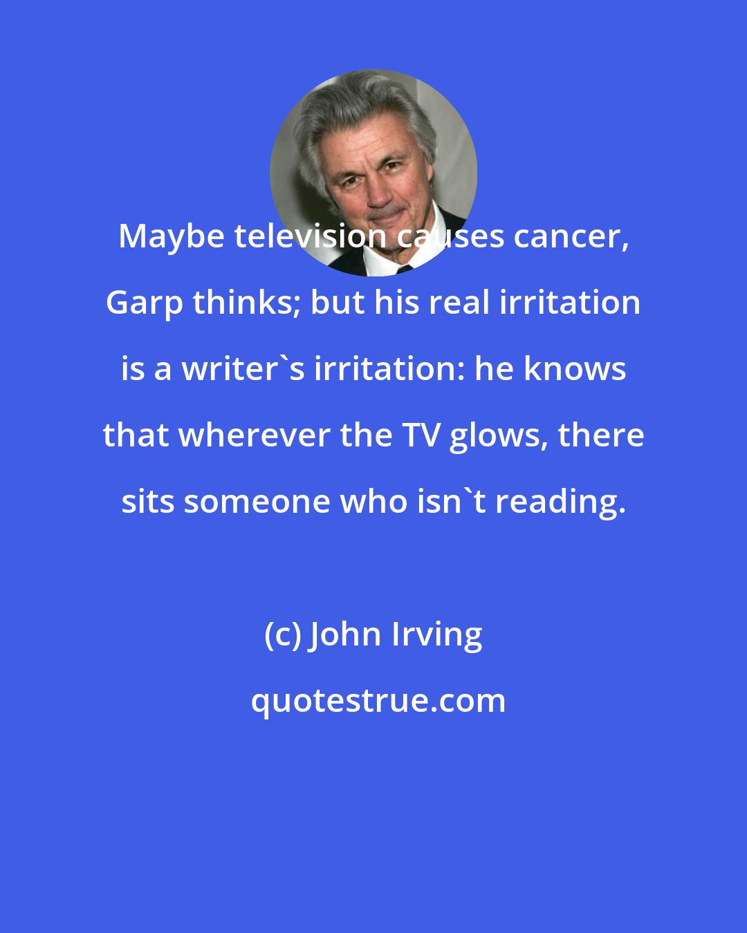 John Irving: Maybe television causes cancer, Garp thinks; but his real irritation is a writer's irritation: he knows that wherever the TV glows, there sits someone who isn't reading.