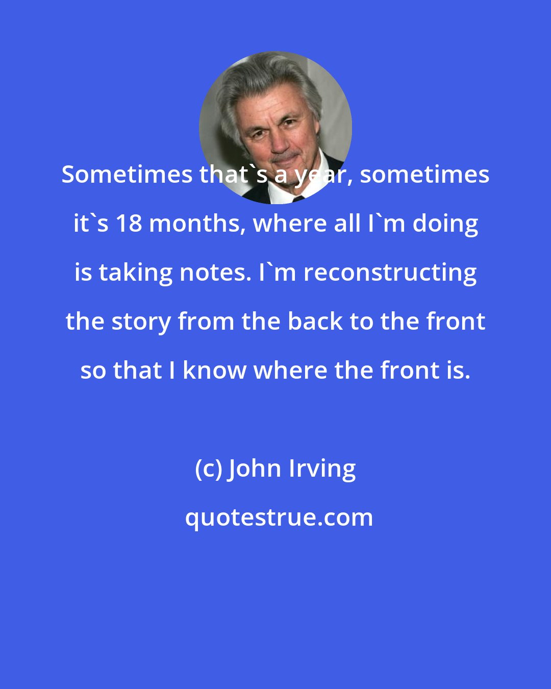 John Irving: Sometimes that's a year, sometimes it's 18 months, where all I'm doing is taking notes. I'm reconstructing the story from the back to the front so that I know where the front is.