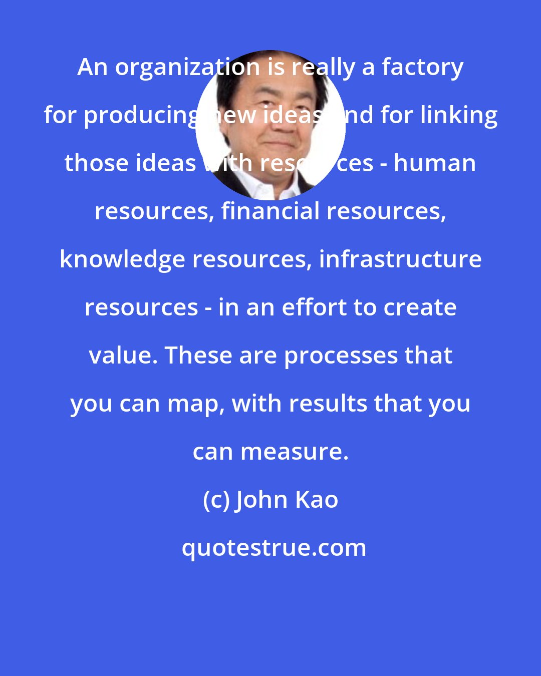 John Kao: An organization is really a factory for producing new ideas and for linking those ideas with resources - human resources, financial resources, knowledge resources, infrastructure resources - in an effort to create value. These are processes that you can map, with results that you can measure.