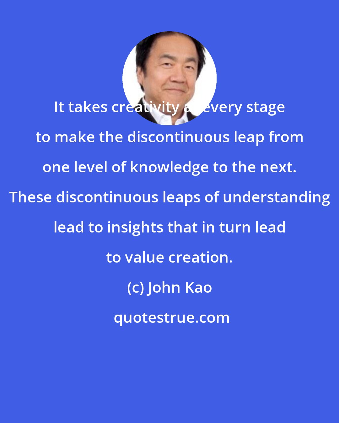 John Kao: It takes creativity at every stage to make the discontinuous leap from one level of knowledge to the next. These discontinuous leaps of understanding lead to insights that in turn lead to value creation.