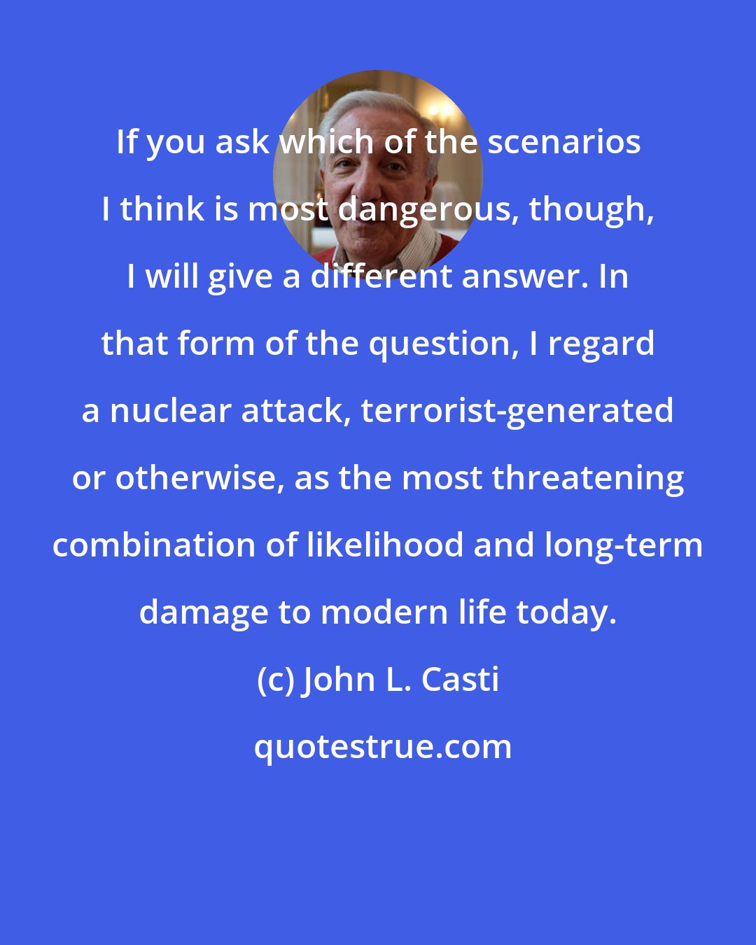 John L. Casti: If you ask which of the scenarios I think is most dangerous, though, I will give a different answer. In that form of the question, I regard a nuclear attack, terrorist-generated or otherwise, as the most threatening combination of likelihood and long-term damage to modern life today.