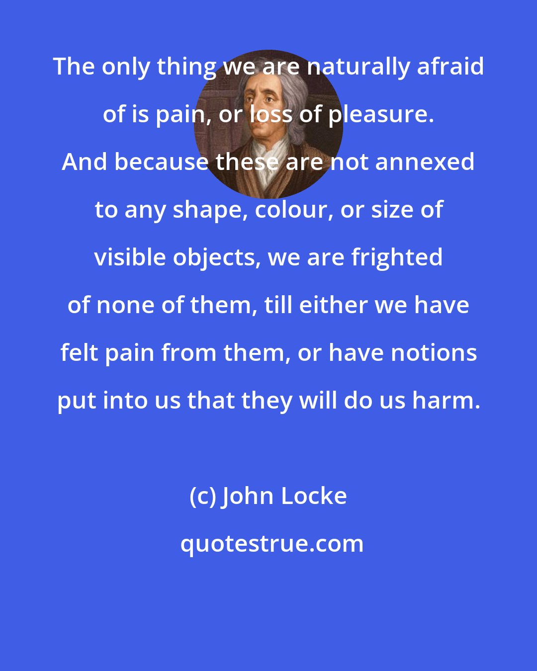 John Locke: The only thing we are naturally afraid of is pain, or loss of pleasure. And because these are not annexed to any shape, colour, or size of visible objects, we are frighted of none of them, till either we have felt pain from them, or have notions put into us that they will do us harm.