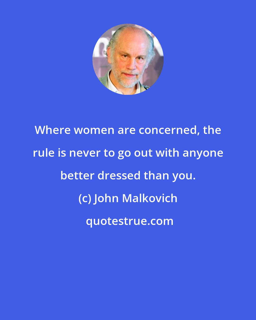 John Malkovich: Where women are concerned, the rule is never to go out with anyone better dressed than you.