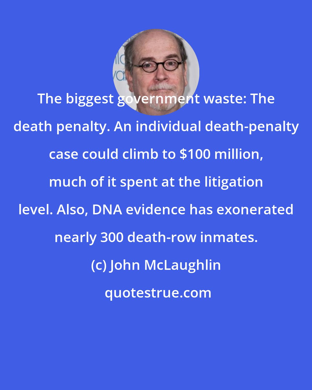 John McLaughlin: The biggest government waste: The death penalty. An individual death-penalty case could climb to $100 million, much of it spent at the litigation level. Also, DNA evidence has exonerated nearly 300 death-row inmates.