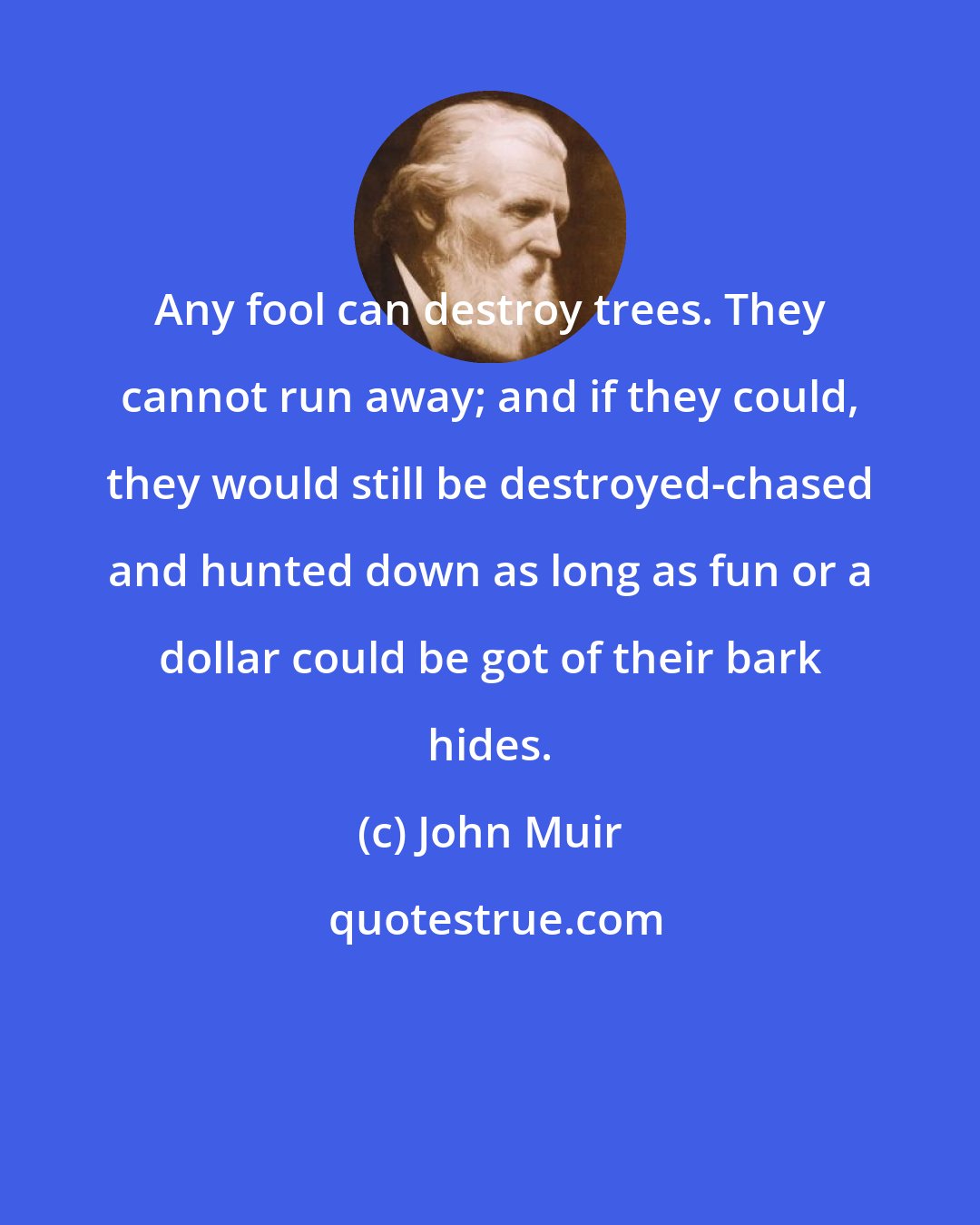 John Muir: Any fool can destroy trees. They cannot run away; and if they could, they would still be destroyed-chased and hunted down as long as fun or a dollar could be got of their bark hides.